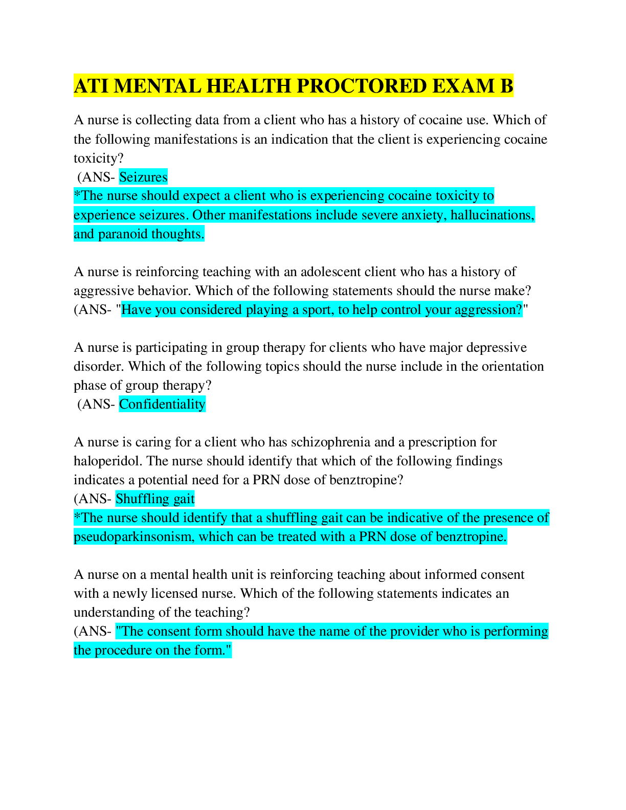 Preview image for ATI MENTAL HEALTH PROCTORED EXAM B/ Latest 2022:2023/ Q&A